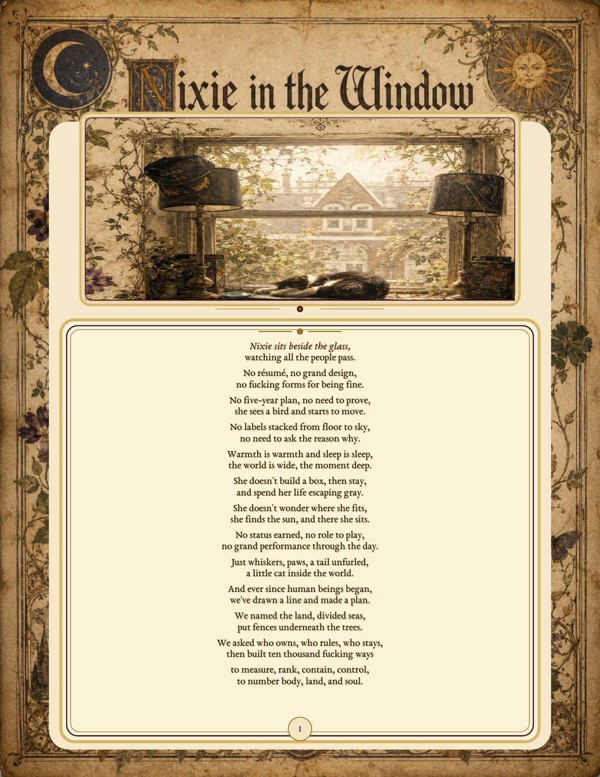 Illuminated opening page of Nixie in the Window