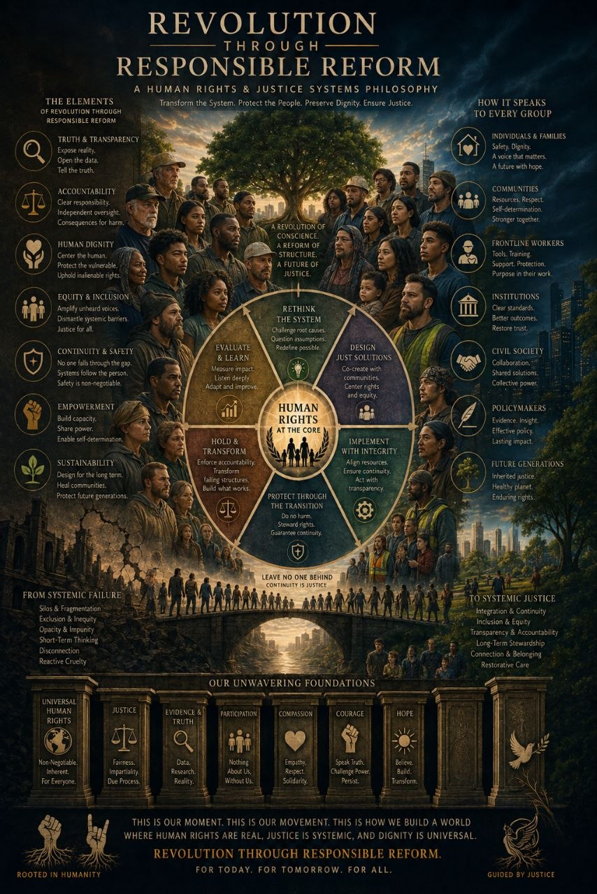 Revolution Through Responsible Reform illustration showing an intergenerational, multiracial community gathered around human rights at the core, with a pathway from systemic failure to systemic justice.