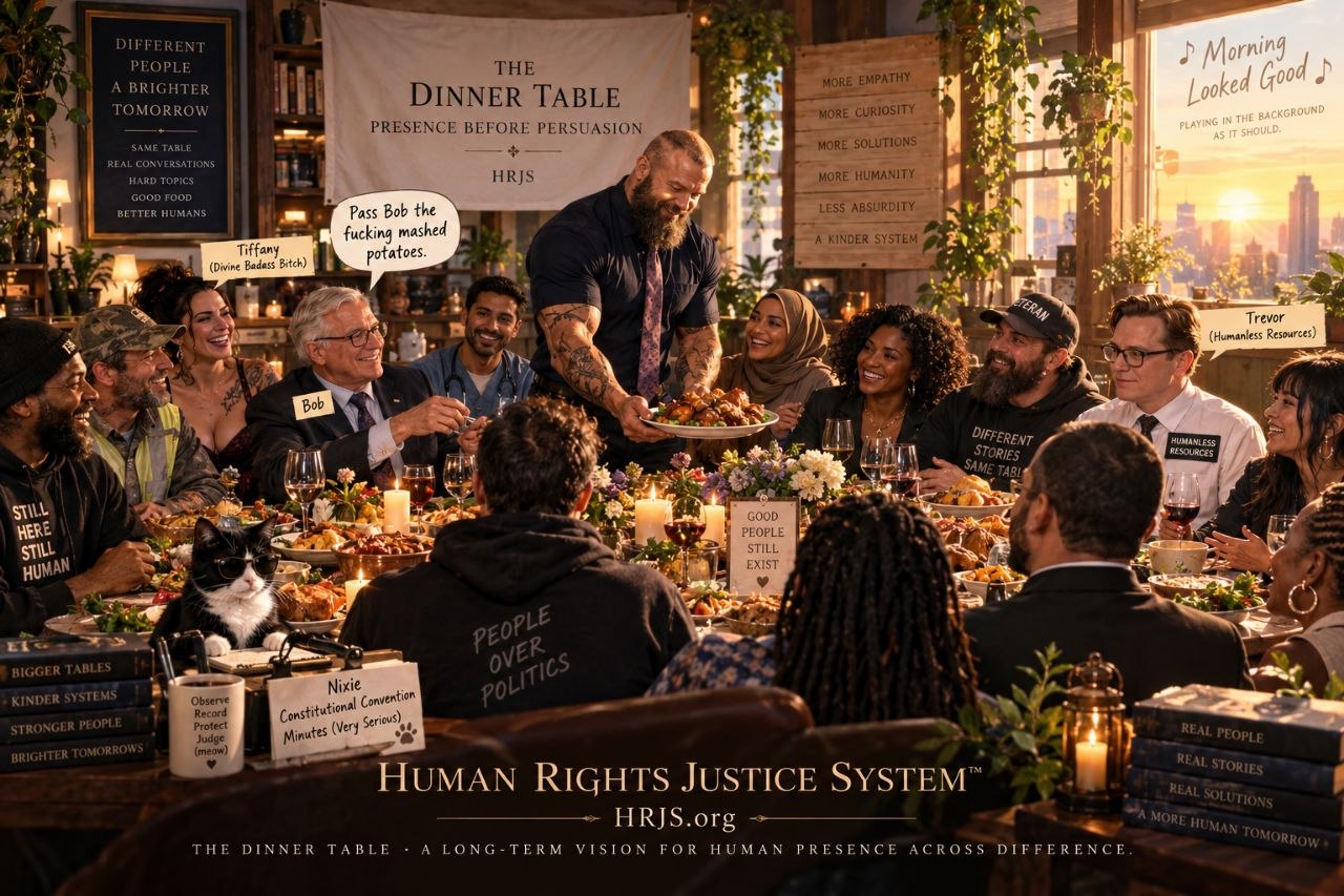 A diverse group sharing a warm dinner table beneath the words Presence Before Persuasion, with Nixie the cat observing
